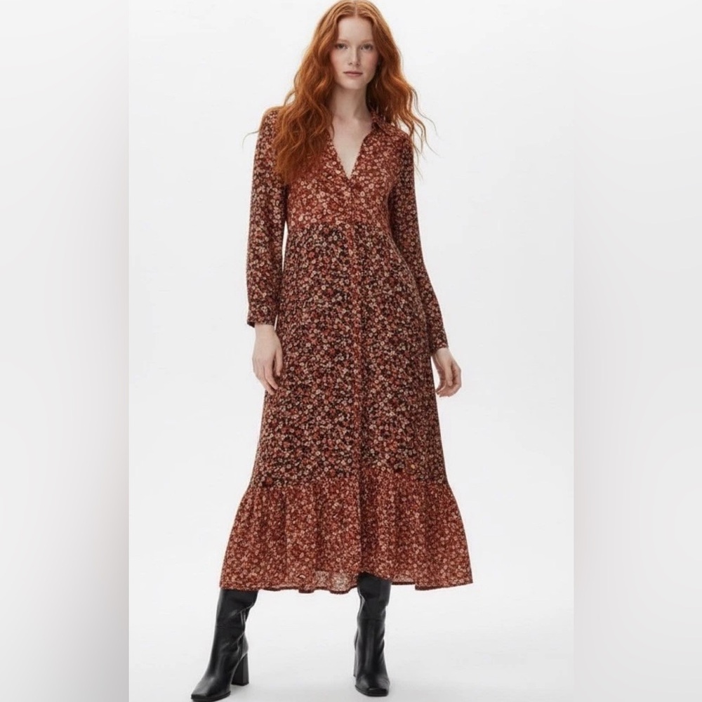 Zara Ditsy Floral Long Sleeves Maxi Dress Small Button Front Tiered Boho Pockets